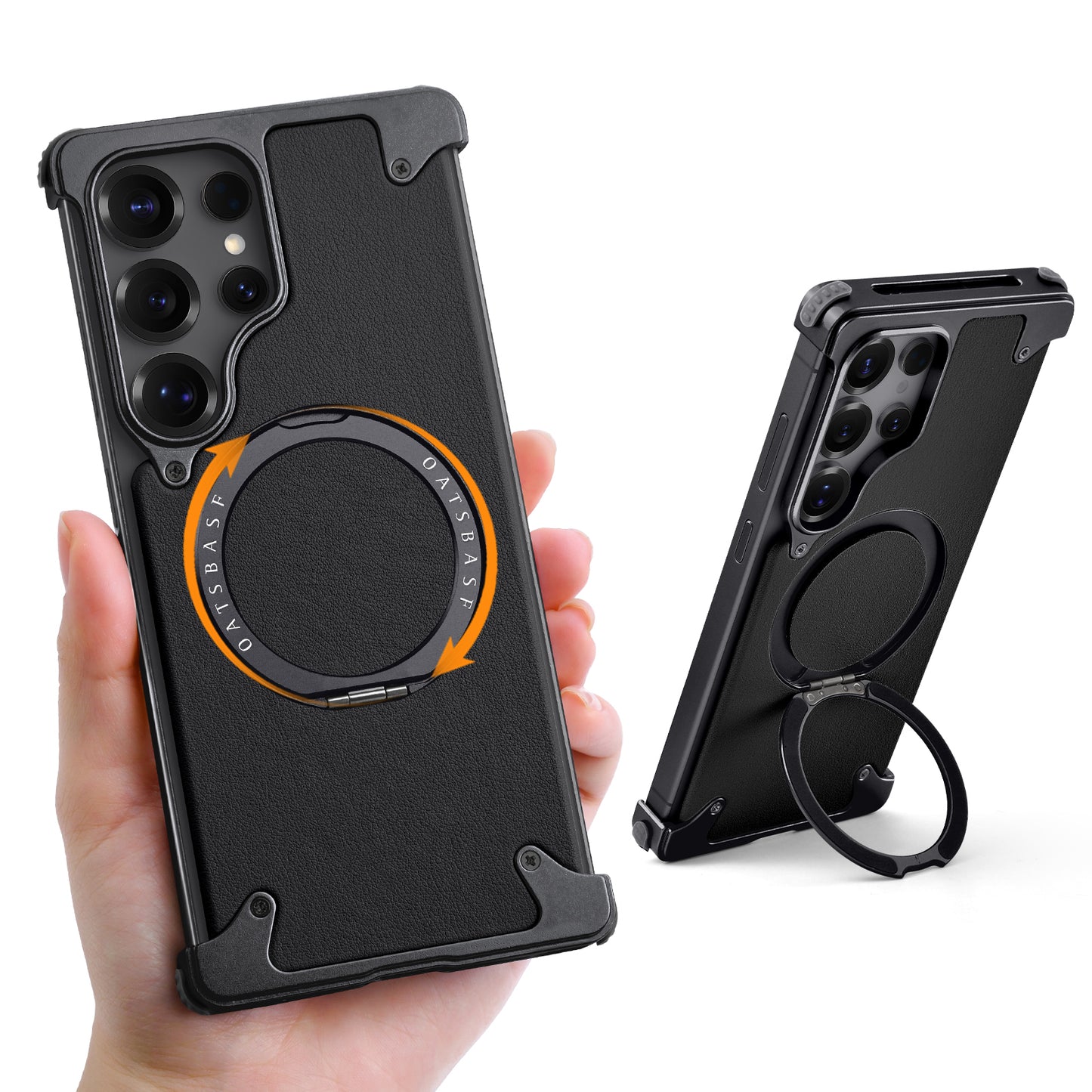 Luxury Metal Ring Bumper Leather Case With Magsafe For Samsung