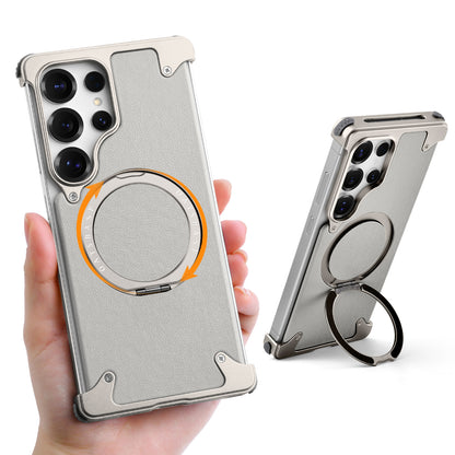 Luxury Metal Ring Bumper Leather Case With Magsafe For Samsung