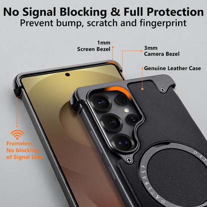 Luxury Metal Ring Bumper Leather Case With Magsafe For Samsung