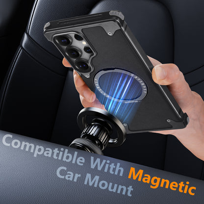 Luxury Metal Ring Bumper Leather Case With Magsafe For Samsung