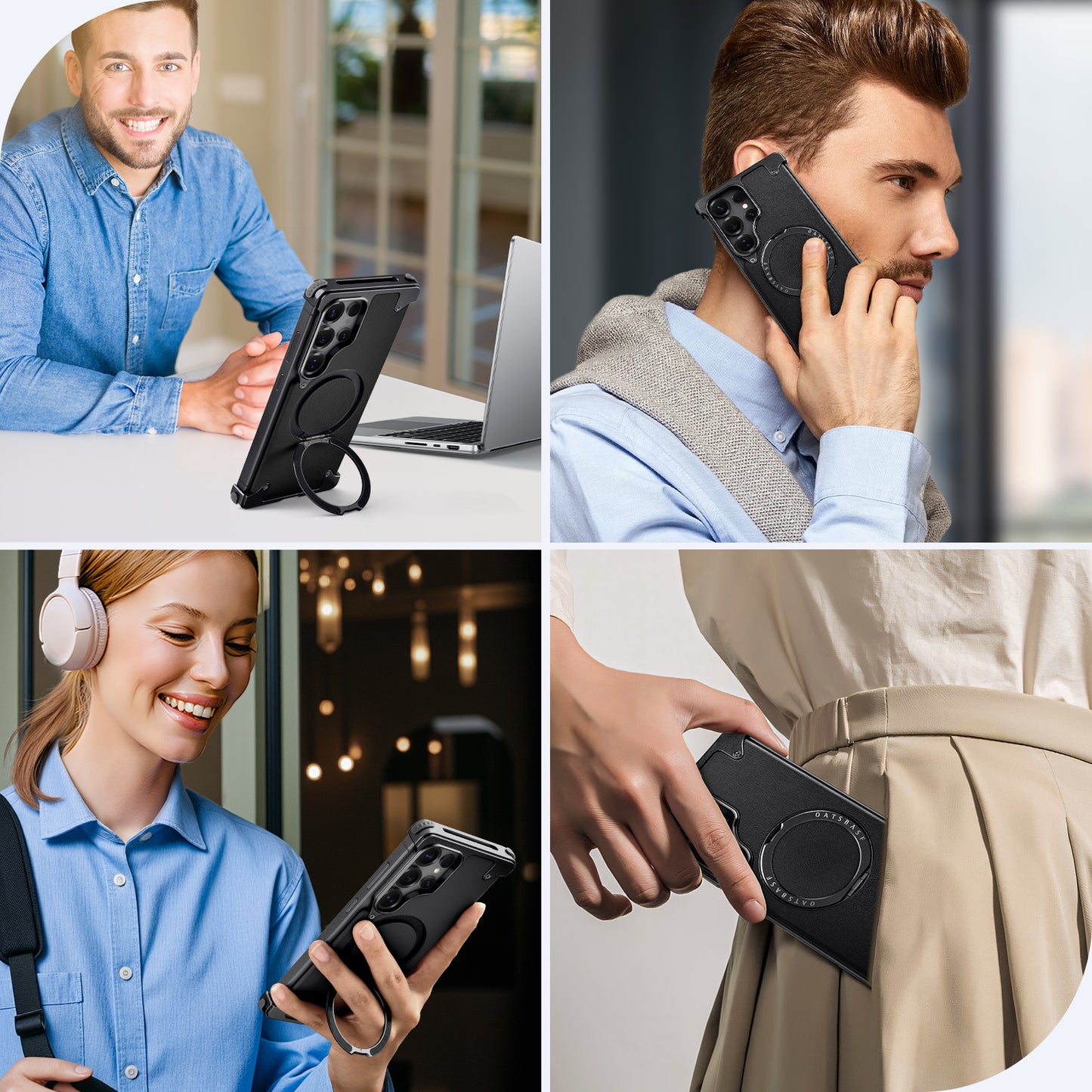 Luxury Metal Ring Bumper Leather Case With Magsafe For Samsung