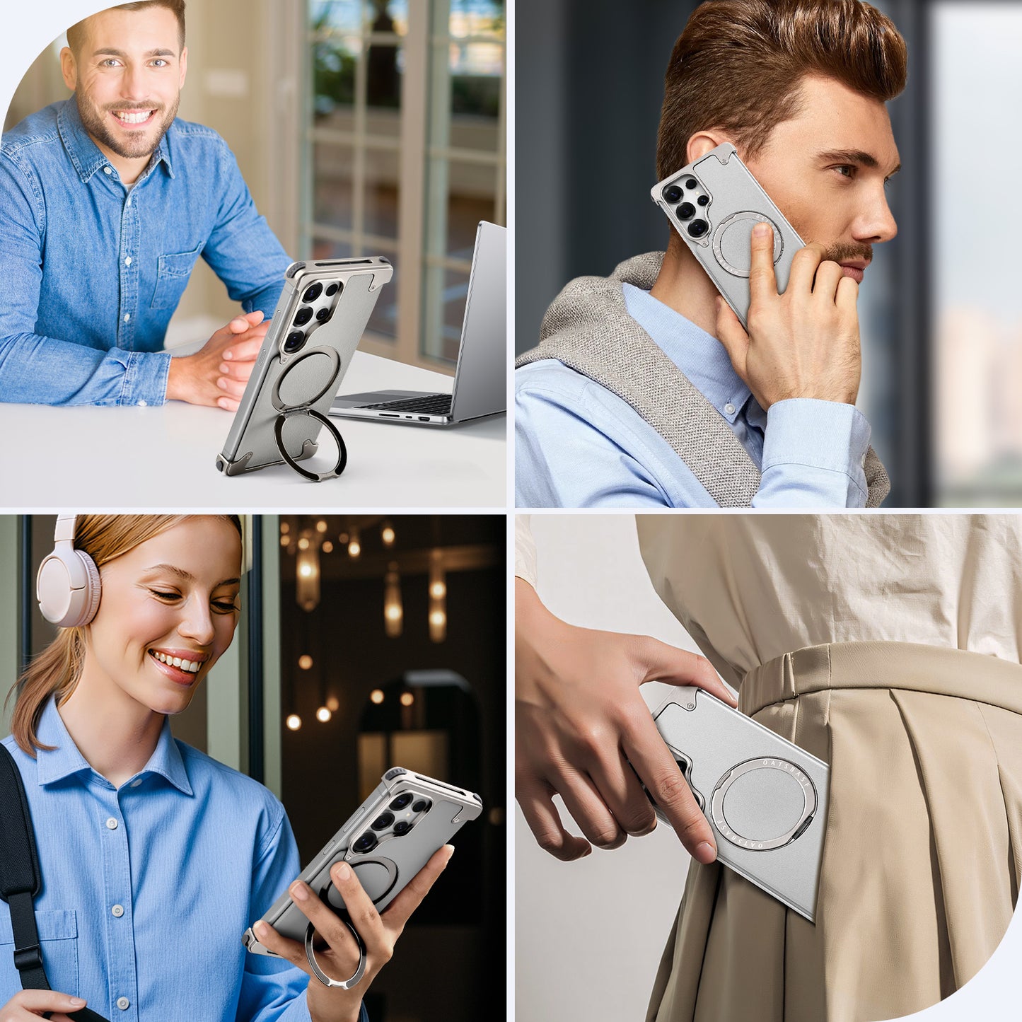 Luxury Metal Ring Bumper Leather Case With Magsafe For Samsung