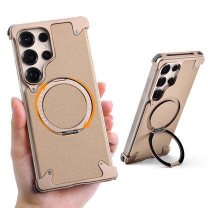 Luxury Metal Ring Bumper Leather Case With Magsafe For Samsung